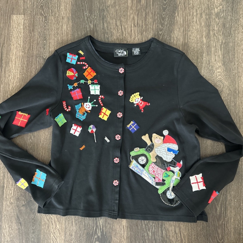 Christina Rotelli embellished sweater cardigan Christmas Holidays Santa S MINT